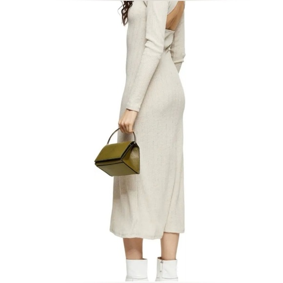 Topshop Women’s 8 Beige Knit Open Back Midi Dress Long Sleeve Bodycon Stretch - Picture 2 of 12